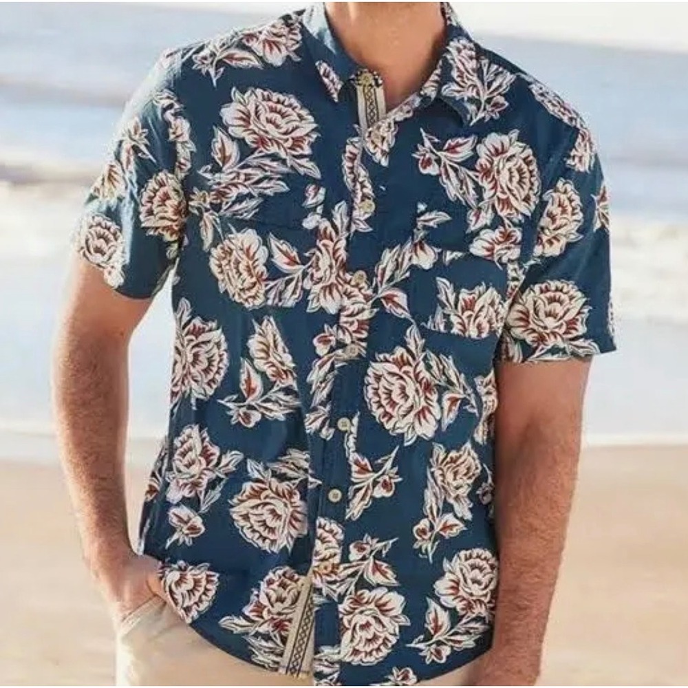 Matilda Jane Wind Down Button Up Shirt Floral Cotton Blue Men's XL Matching Boho